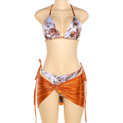 Microbikinis metálicos con cuello Halter para mujer, conjunto de falda reflectante, ropa de playa Sexy, trajes de baño para mujer, traje de baño para fiesta y Club 2023