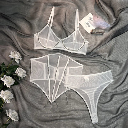 Conjuntos de lencería con diamantes de imitación para mujer, ropa interior de encaje Sexy de lujo, borlas brillantes, sujetador sin costuras, traje fino transparente