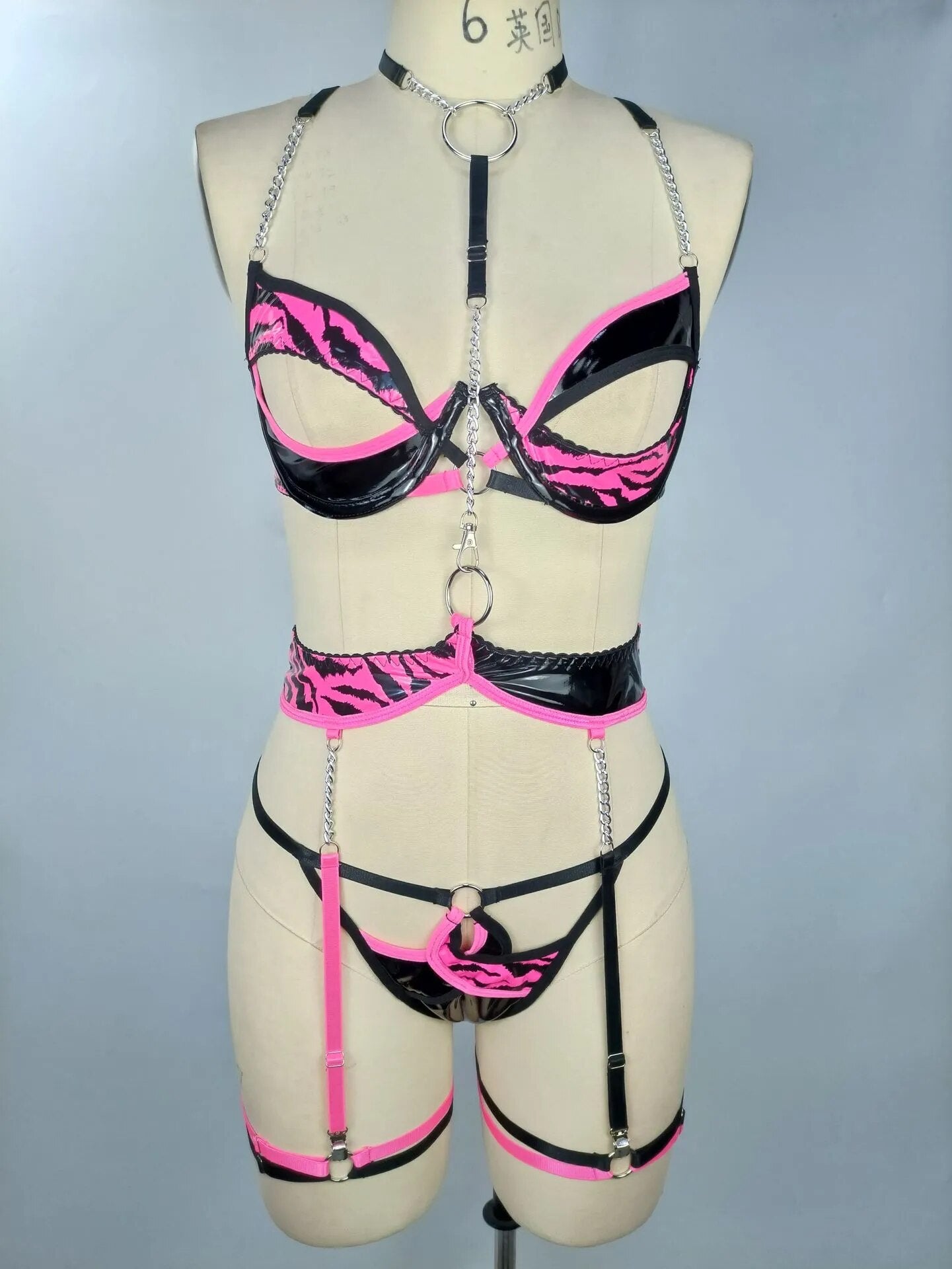 Zebra Leather Lingerie Hollow Out Bra Kit Push Up Sensual Halter Garter Belt Set Sissy Contrast Color  Outfits