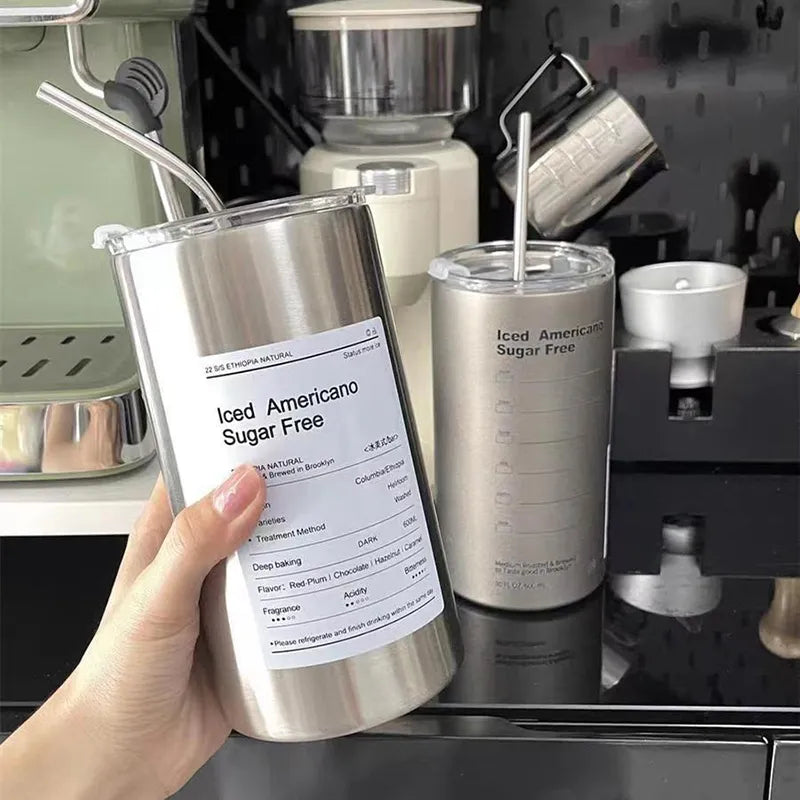 Ins Coffee Cup Thermoses Stainless Steel Water Bottle Straw Cup Ice American Coffee Mug Double-layer Vacuum Flask Couple Cup