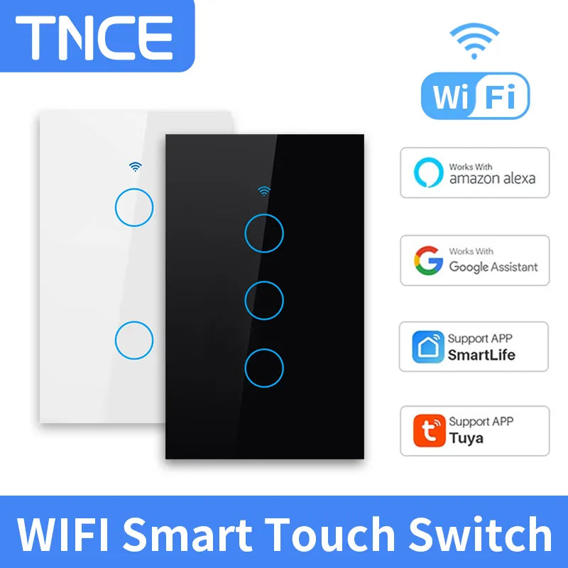 TNCE Tuya US WiFi Smart Wall Switch 1/2/3/4 Gang  No Neutral Wire Touch Sensor LED Light Switches Smart Home Alexa Google Home