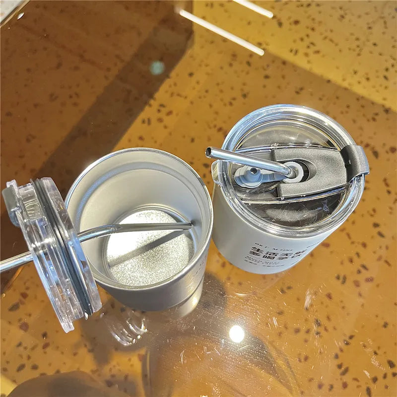 Ins Coffee Cup Thermoses Stainless Steel Water Bottle Straw Cup Ice American Coffee Mug Double-layer Vacuum Flask Couple Cup