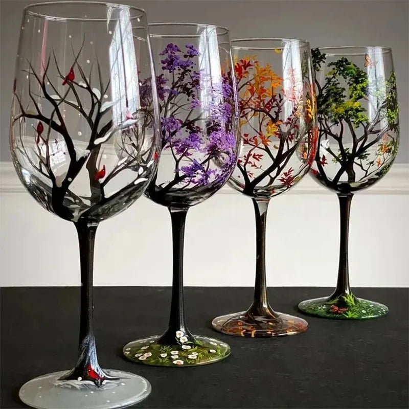 NEW Four Seasons Trees Wine Glasses Creative Printed High Legged Glass Cup for Wine Beer Cocktail Large Capacity Glass Cup Set