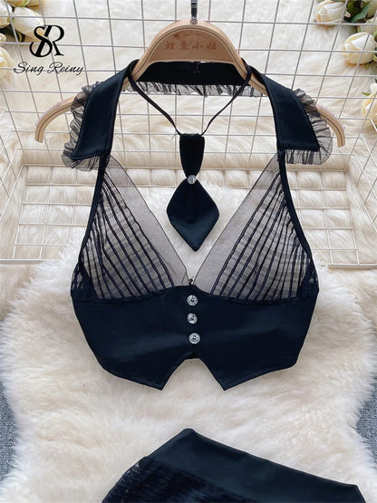 Conjunto de tres piezas Sexy de noche para mujer, camisola transparente con cuello Halter, minifalda y tangas, trajes coreanos de encaje con espalda descubierta Wanita 2023