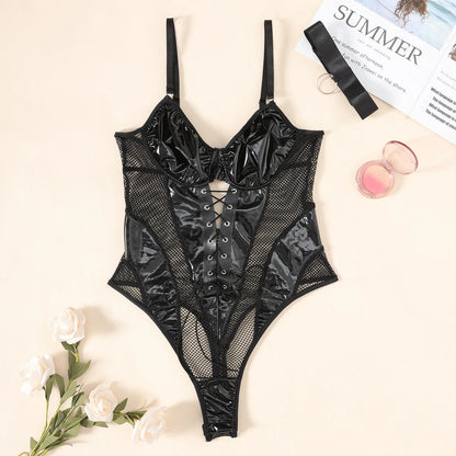 PU Spliced Mesh Sensual Rompers Halter Lace Up Cross  Design Slim Playsuits Female Hollow Out Sexy Bodysuits Wanita