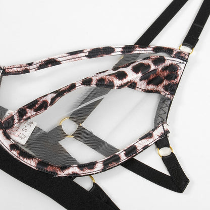 Lencería de leopardo, ropa interior Sensual, conjunto de bragas y sujetador transparente íntimo de encaje transparente de 3 piezas, trajes elegantes