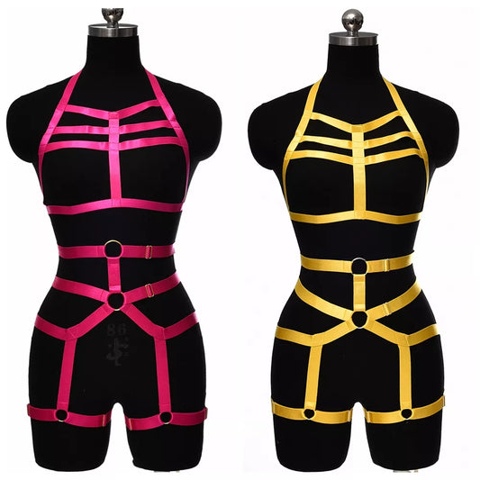 Wanita Goth Wear Pole Dance Körpergeschirr, elastisches Beinstrumpfband, verstellbarer Riemen, Hohlkörperkäfig, Dessous, Hosenträgergürtel