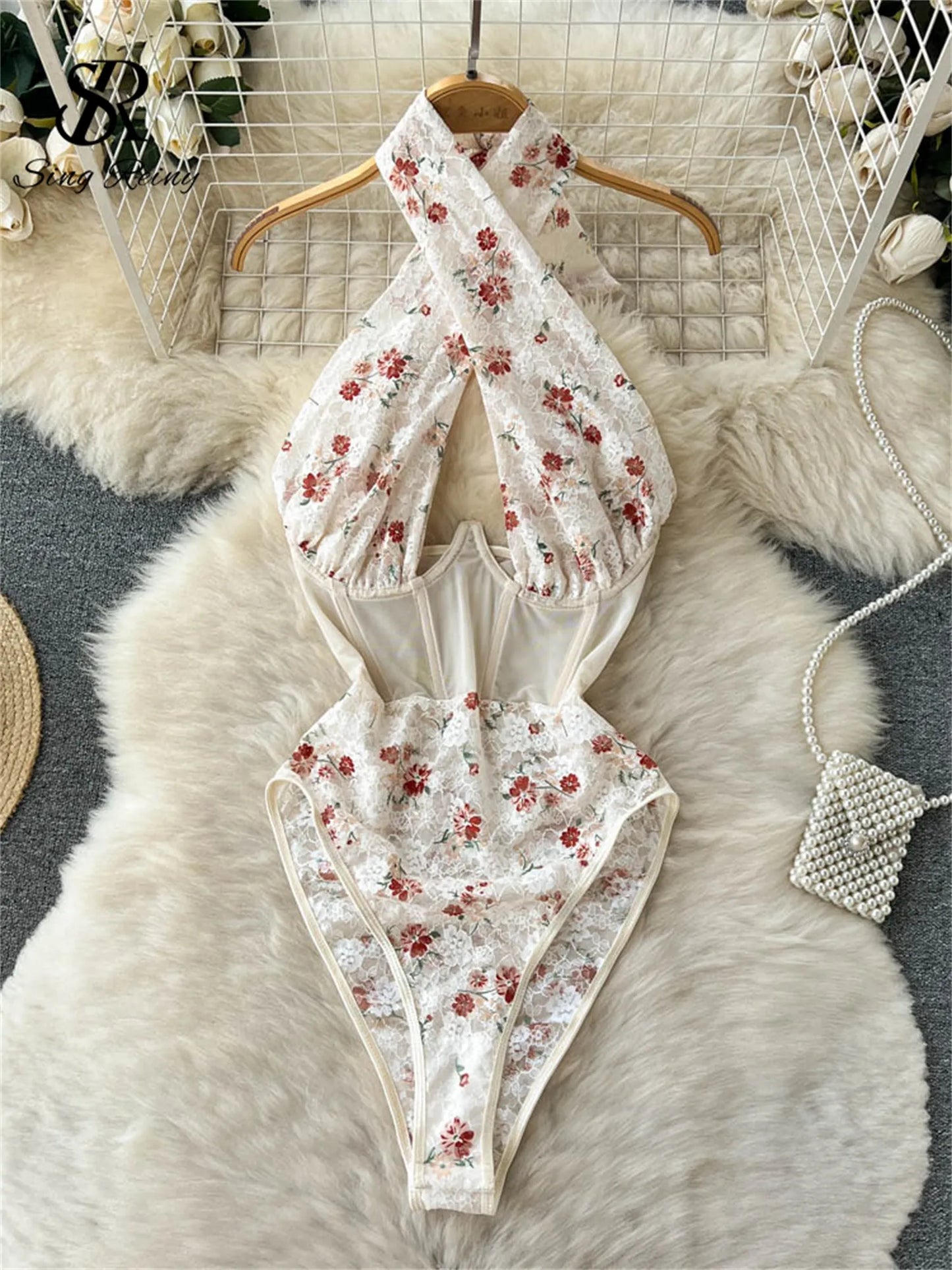 Fashion Floral Lace Sexy Bodysuits Cross Halter Splice Mesh Shapewear Slim Rompers Hollow Out Sheer Sensual Playsuits Wanita