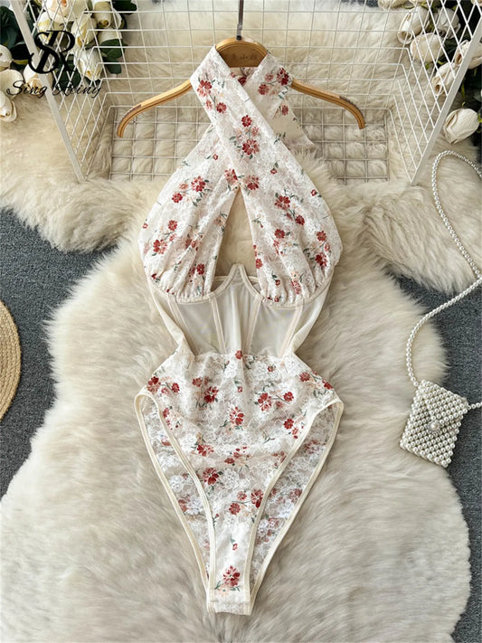 Fashion Floral Spitze Sexy Bodys Kreuz Halter Splice Mesh Shapewear Schlanke Strampler Aushöhlen Sheer Sinnliche Playsuits Wanita