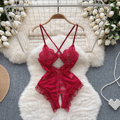 Floral Lace Sheer Sexy Bodysuits Ladies Strap Ruffles Sweet Slim  Nightwear 2023 Mesh Open Crotch  Playsuits Wanita