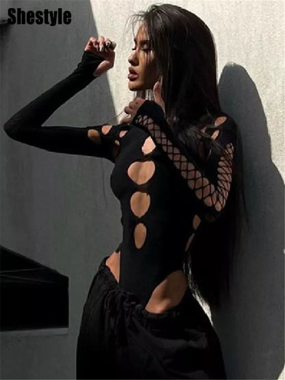 Shestyle-Body negro con diseño calado para mujer, hombros descubiertos, cintura alta, monos sexys de Halloween para mujer, Top liso recién descubierto