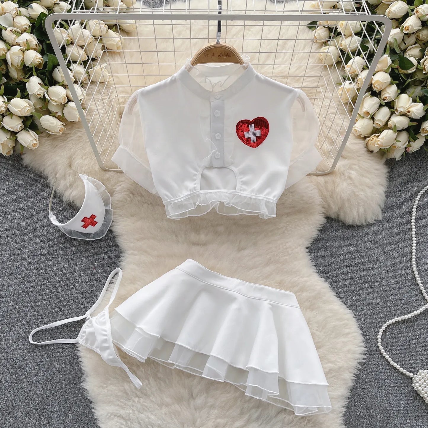 Nurse Uniform Cosplay Sexy Suits Women Short Sleeves Ruffles Top+Mini Skirt+Thongs Nightwear 2023   Outfit Wanita