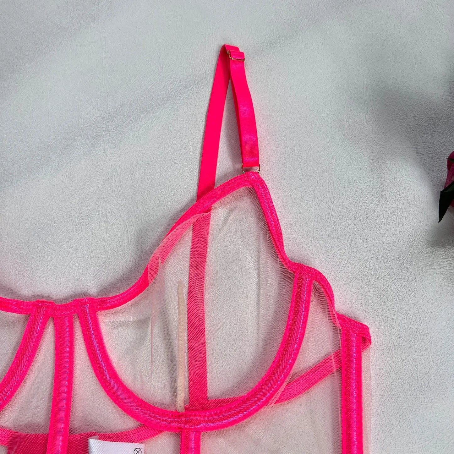 Neon-Dessous, nackte Frauen ohne Zensur, Unterwäsche, die intimes, sexy, nacktes, transparentes Spitzen-BH-Set sehen kann