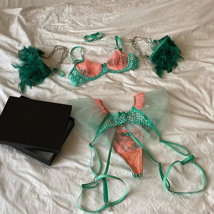 Lencería de plumas, ropa interior de encaje de lujo de 4 piezas para mujer, sin censura, 18 sujetador de tul transparente, conjunto de liga Sensual íntimo