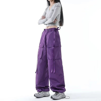 Hip Hop Streamer Lila Y2k Baggy Cargo Hose Damen High Streetwear Vintage Hose High-Waist Taschen Gebündeltes Bein StreetPants