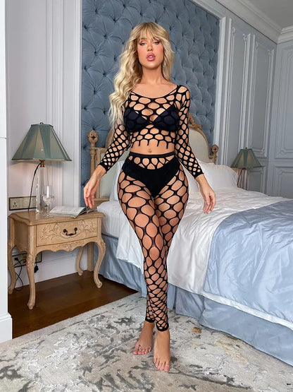 Nuevo Body Sexy a la moda para mujer, Top negro, traje de 2 piezas, Bodystocking, lencería de cuerpo completo