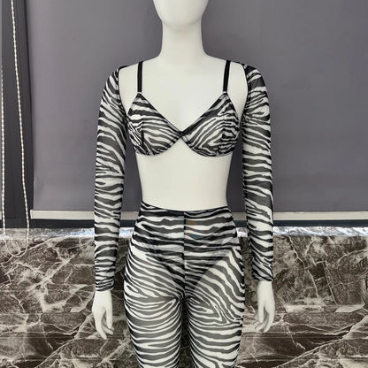 Zebra-Dessous für volles Crop-Top, enges Outfit, transparente transparente Spitze, nahtlose Intim-String-Slip-Sets