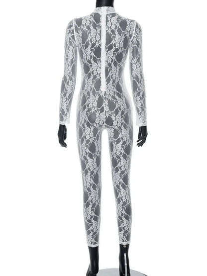 Neue Mode Sexy Durchsichtige Weiße Spitze Mesh Overalls Frauen 2023 Herbst Winter Lange Hülse Durchsichtige Body Nacht Club Outfit