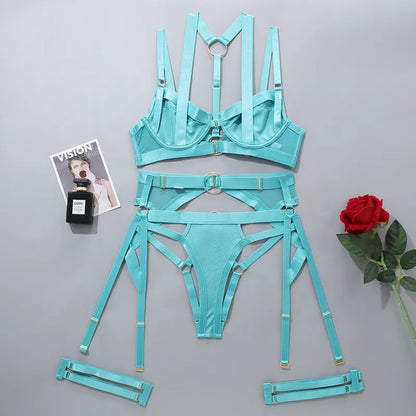 Sexy Lingerie Fancy Underwear Garter Belt 4-Piece Intimate Goods Halter Bra With Bow Seductive  Brief Sets