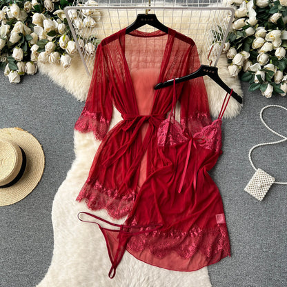 Women Sexy Lace Nightwear Suits Transparent Short Dress+Mesh Cardigans+Thongs 2023 Sheer   Nightdress Sets Wanita