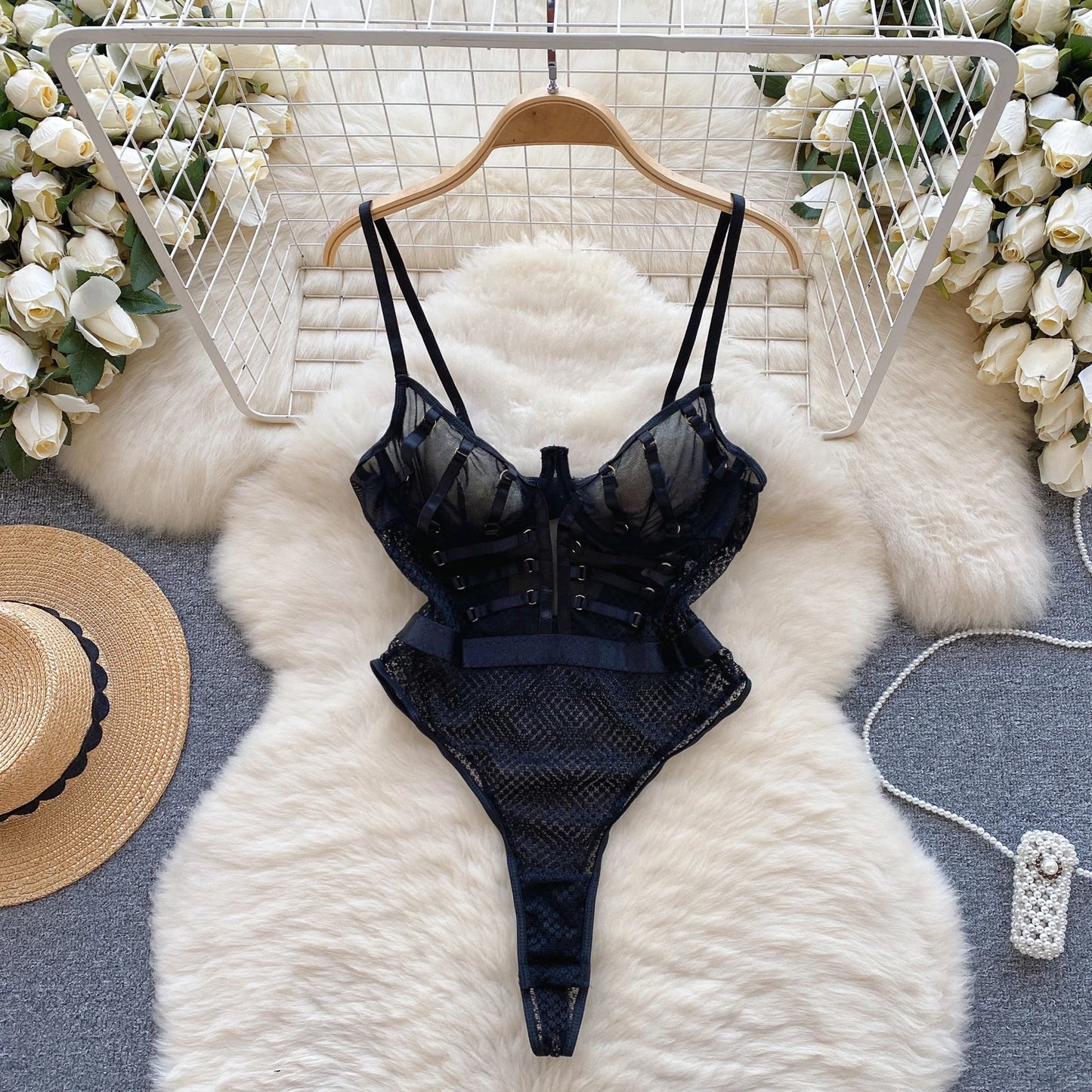 Sheer Mesh Lace Sexy Bodysuit 2023 Women Strap Design Backless Sensual Underwear Suits Hollow Out   Playsuit Wanita