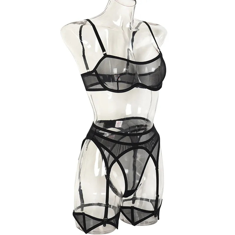 3-teiliges sexy Damen-Unterwäsche-Set, transparent, Dessous, Strumpfhalter-BH und Höschen, Spitzen-Intimtae, feines nahtloses Outfit