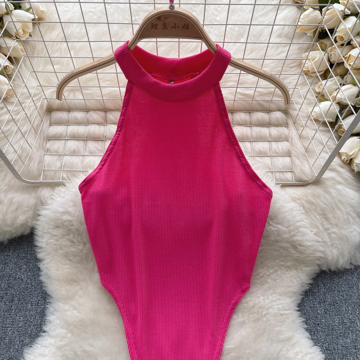 Wanita Halter Open Crotch Sexy Bodysuits Female Sleeveless Slim Backless  Bikini French Solid Thin Slim Beach Playsuits