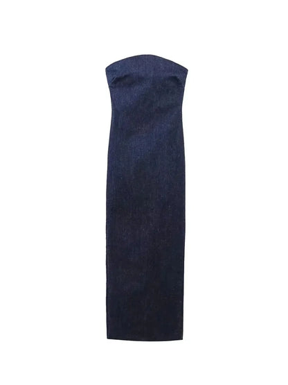 Nlzgmsj TRAF Sexy sin tirantes, espalda descubierta, cremallera, vestido con abertura, vestido largo de mezclilla azul para mujer, vestidos de noche de verano