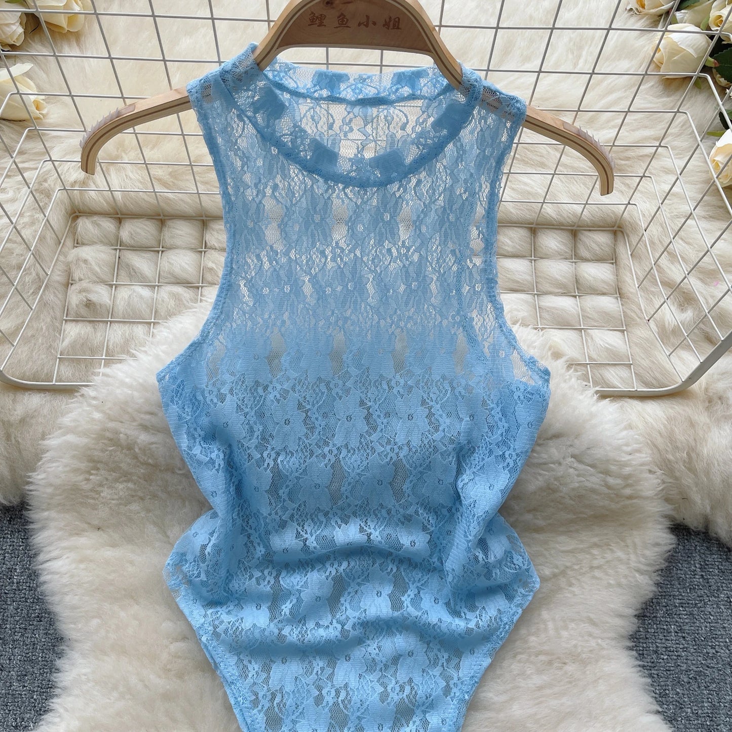 Wanita Transparent Lace Bodysuits O Neck Sleeveless Open Cortch Sensual Slim Nightwear 2023 Women Sheer  Sexy Playsuits