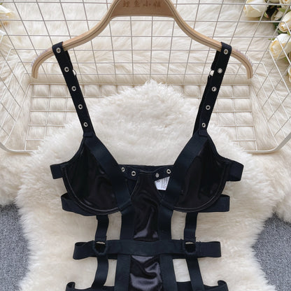 Wanita Hollow Out Sexy Bodysuits Mode 2023 Rückenfrei Elastisch Offener Schritt Schlanke Nachtwäsche Strap PU Leder Sinnliche Playsuits