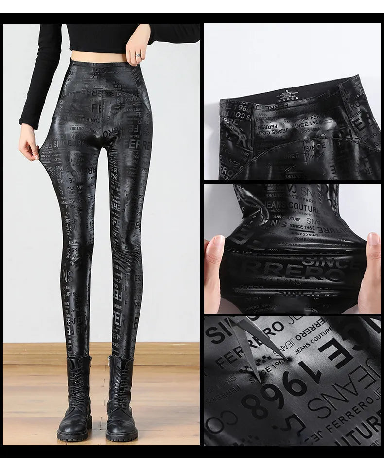 Leggings de cuero elásticos con grafiti y letras para mujer, mallas de lana ajustadas cálidas de cintura alta para otoño e invierno, pantalones pitillo de PU para motocicleta