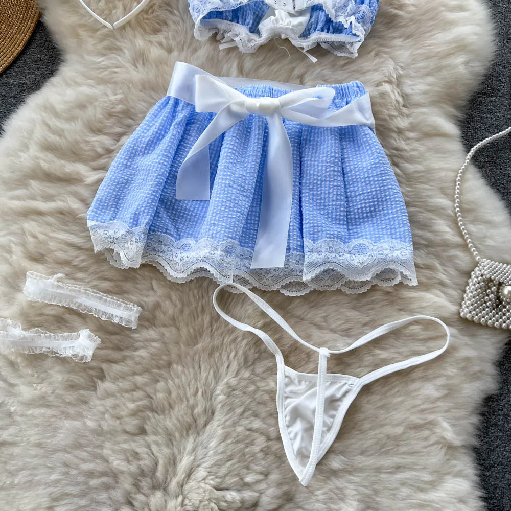 2023 Cosplay  Three Pieces Sets Ladies Strapless Mini Camis+A Line Skirt+Thongs Sweet Lace Plaid Sexy Nightsuits Wanita