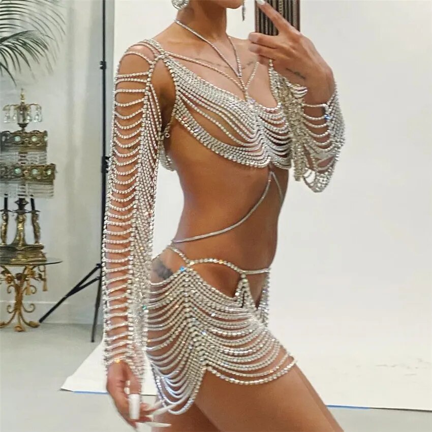 2022 Luxus Hohe Qualität Sexy Strass Körper Kette Schmuck Frau Mode Party Bikini Harness Bh und Rock Zubehör Geschenk