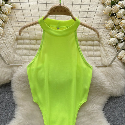 Wanita Halter Open Crotch Sexy Bodysuits Female Sleeveless Slim Backless  Bikini French Solid Thin Slim Beach Playsuits