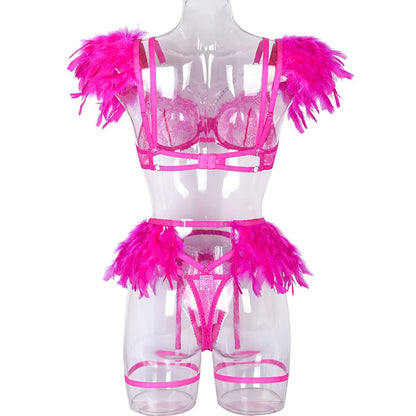 Lencería de plumas, ropa interior Sexy para mujer, sujetador transparente, cadena de Metal, encaje, conjunto de 3 piezas, íntimo de lujo