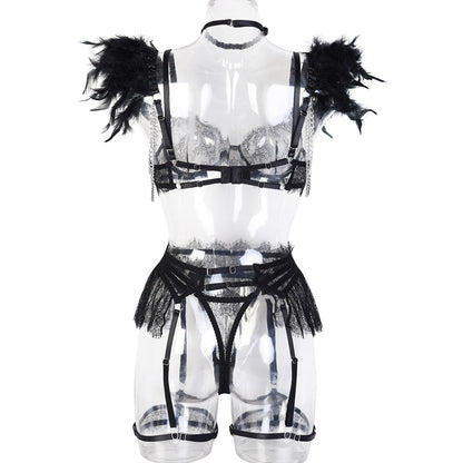 Feder Dessous Fancy Chic Unterwäsche BH Wirh Mental Chain Sexy Custome Uncensord Rüschen Strumpfbänder 4-teilig Spitze Intim