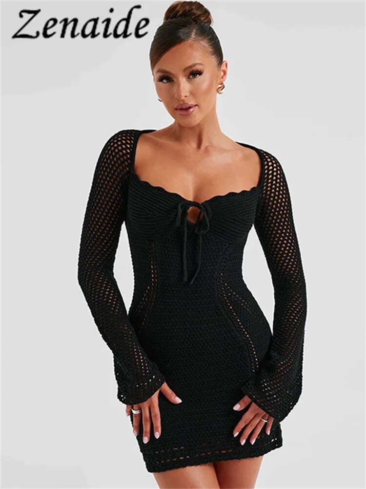 Zenaide Sexy Aushöhlen Langarm Kleid Mini Herbst Frauen Durchsichtig Gestrickte Häkeln Backless Kleider Party 2023