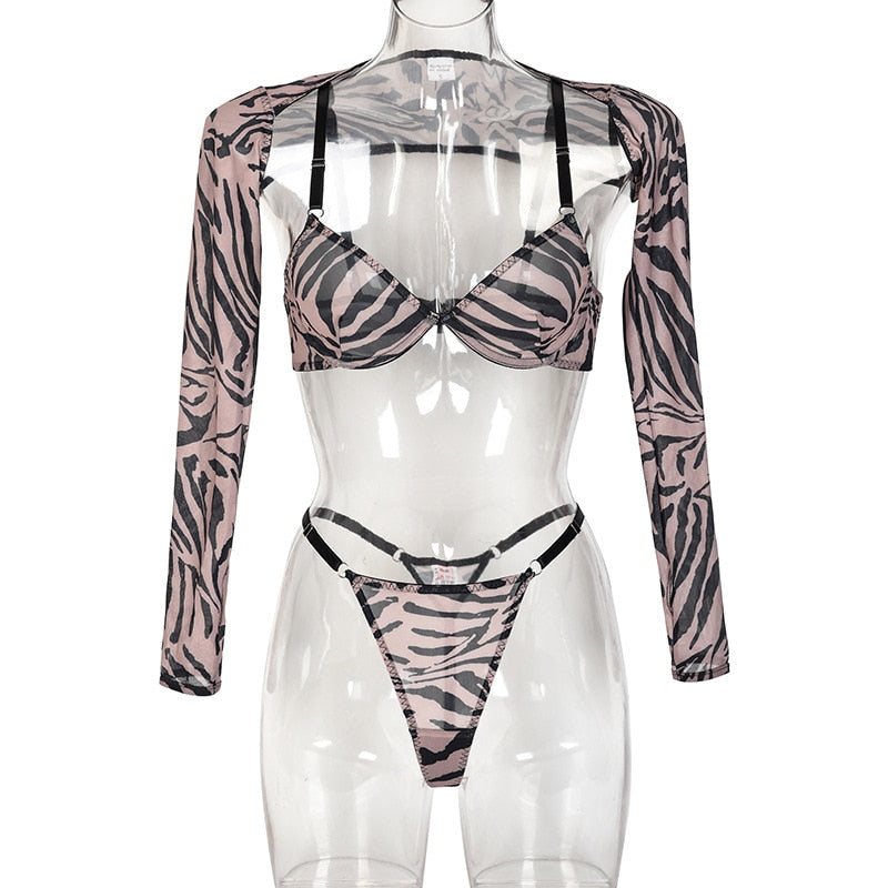 Zebra-Dessous für volles Crop-Top, enges Outfit, transparente transparente Spitze, nahtlose Intim-String-Slip-Sets