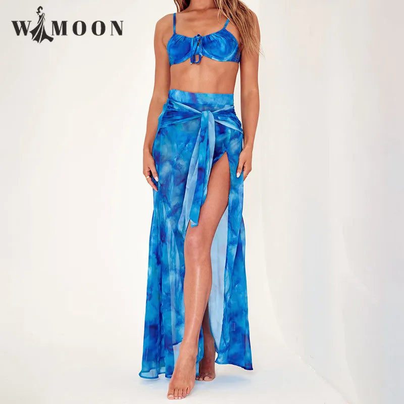 2023 Summer Holiday Sleeveless Printed Vest and Skirt Set Casual Pleated Beach Split Maxi Skirt Sets Woman High Waist Stylish