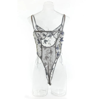 Wanita Floral Embroidery Sheer Playsuits Women Strap Butterfly  Nightwear Lace Up Slim Mesh Backless Sexy Bodysuits