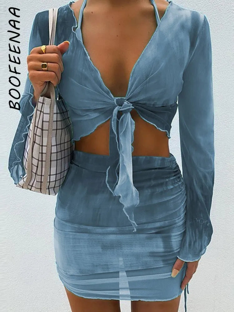 BOOFEENAA Sexy Zweiteiliges Set Blau Tie Dye Mesh Crop Top Strickjacke Mini Röcke Strand Tragen Urlaub Outfits Sommer 2023 C85-CZ16