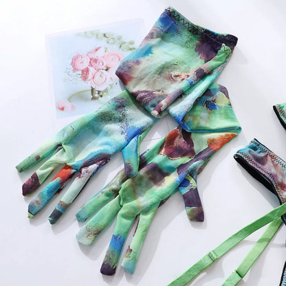 Lencería Tie Dye con medias, guantes, manga, ropa interior sexy, traje Sensual de malla transparente íntimo de 5 piezas