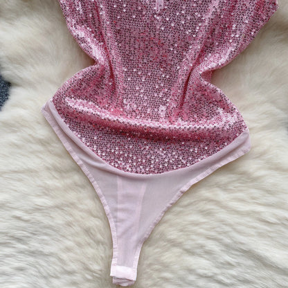 Monos sexys brillantes para mujer, traje de noche con espalda descubierta y tirantes de lentejuelas, ropa de calle para personas mayores, mono ajustado Sensual Wanita