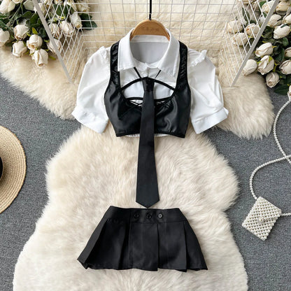 Women Hollow Out Sexy Two Pieces Suits Fashion Leather Vest+Mini Sensual Skirt+Thongs Japan Style   Outfit Wanita