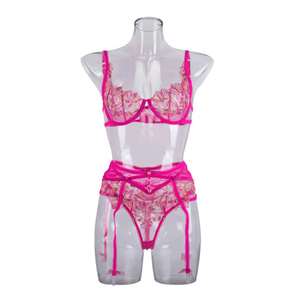 Ausgefallene rosa Dessous mit Blumenstickerei, sexy Tangas, Strumpfhalter-BH-Anzug, 3-teilig, zarte Luxus-Spitze, schöne Unterwäsche