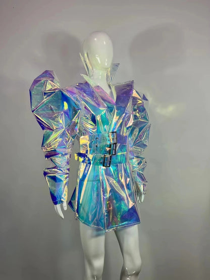 Modern dance  Blue PVC Performance Jacket  sexy Dance Outfit  singer dancer stage Show wear future party cloth