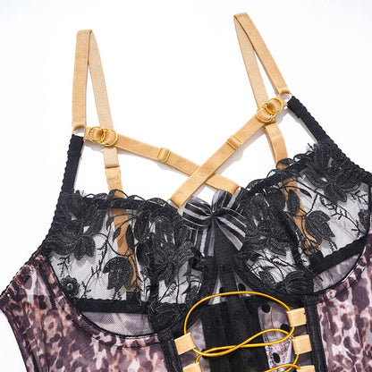 Conjunto de sujetador cruzado de lencería de leopardo delicado, ropa interior transparente con realce, conjuntos de encaje de lujo de 4 piezas