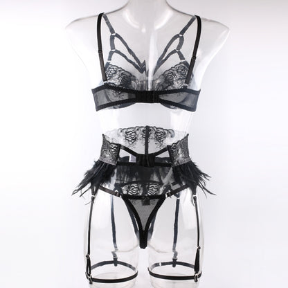 Lencería de plumas bordada, ropa interior femenina elegante, sujetador transparente, encaje de lujo, conjuntos íntimos y delicados