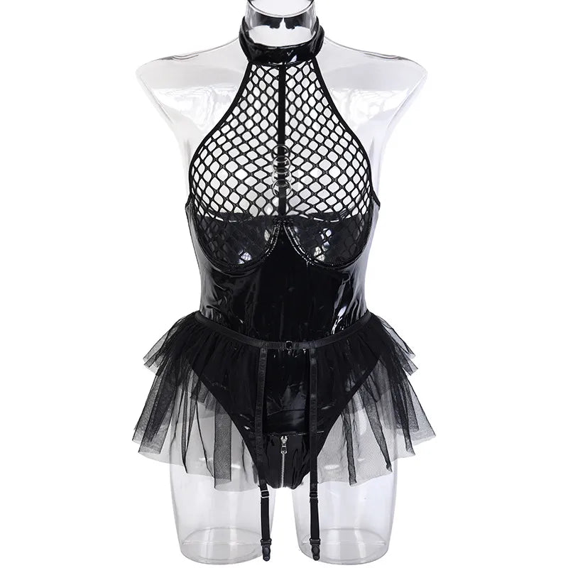 Latex Sexy Body Lingerie Women Mesh Pu Leather Bodysuit Open PVC  Costumes Ruffles Outfit Sissy Tights