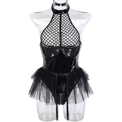 Latex Sexy Body Dessous Frauen Mesh Pu Leder Body Offene PVC Kostüme Rüschen Outfit Sissy Strumpfhosen